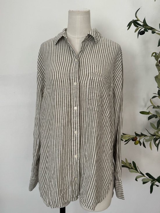 Old Navy Tops - Old Navy Boyfriend Shirt  Linen Blend Striped Button Up Long Sleeve Coastal Boho